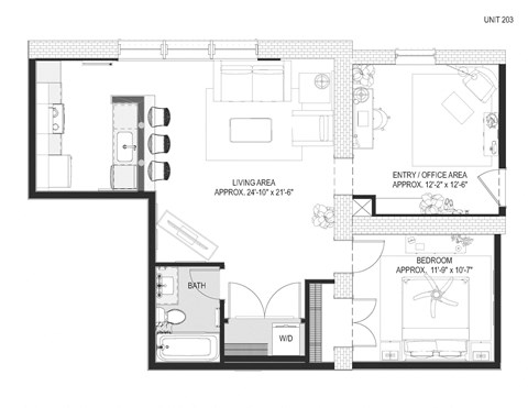 Floor plan for 1 bed, 1 bath, 898 sqft